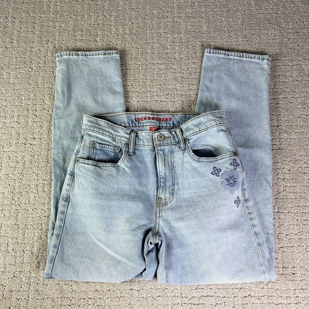 Lucky Brand Light Wash Embroidered Jeans Boy Mid Rise Straight Leg Floral Size 4